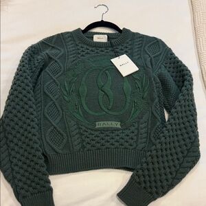 Bally Dark Green Cable Knit Logo Crewneck Sweater